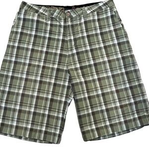Mens Quiksilver Plaid Shorts Green Tan Long Board Shorts Madras Bermuda Size 36